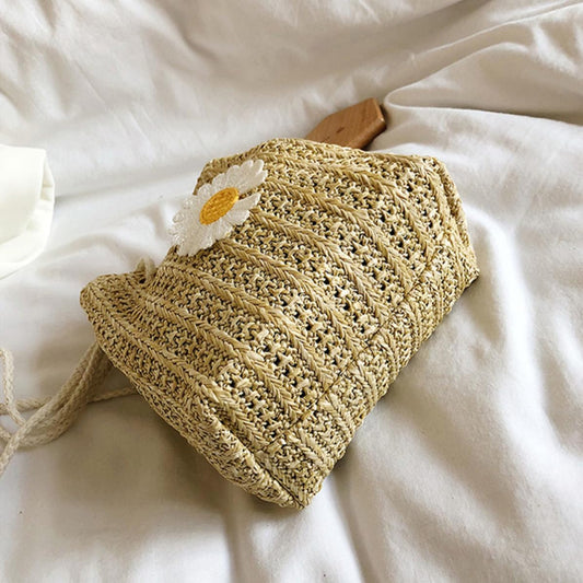 GALPADA Damen Crossbody Tasche mit Gänseblümchenmuster Strohgewebte Eimertasche aus Polyester Großer Kapazität Modisch und Praktisch für Täglichen Gebrauch