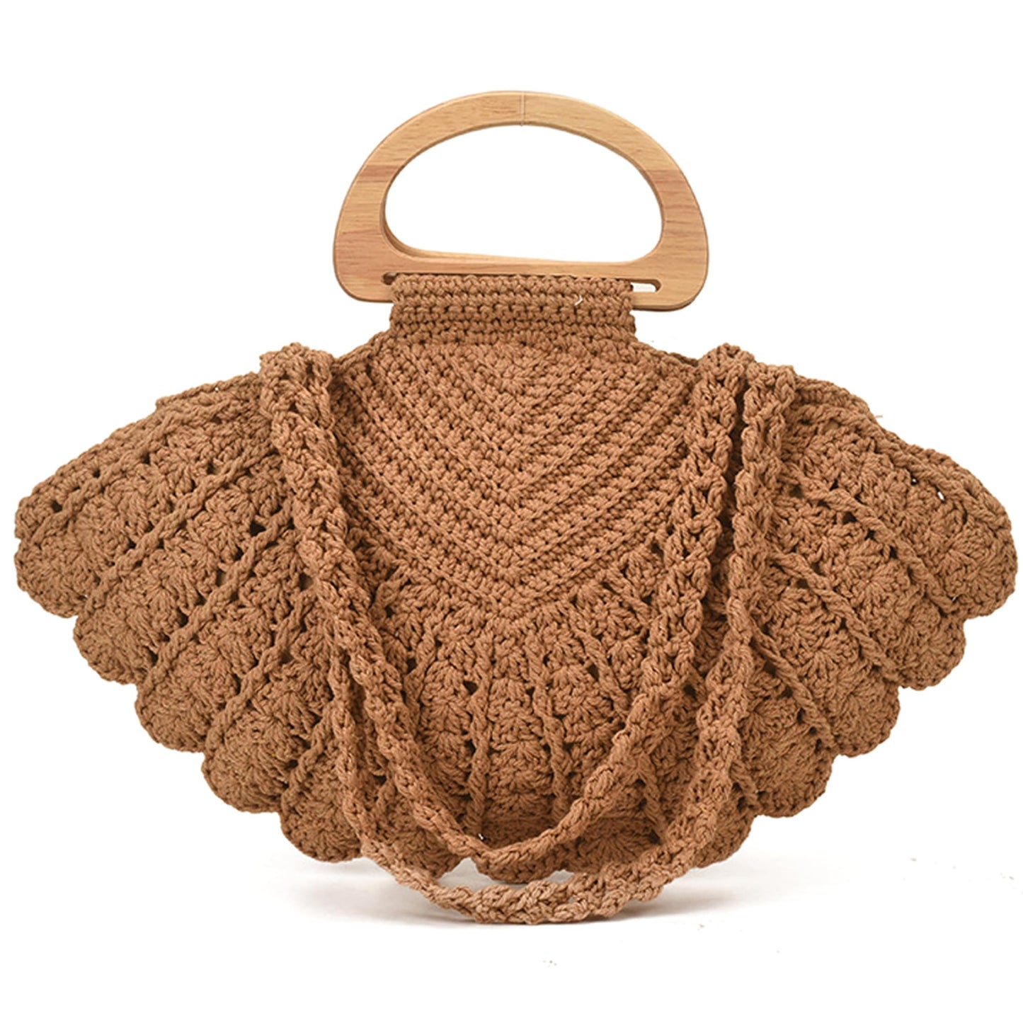 Handgefertigte gehäkelte Muschel-Geldbörse für Frauen, doppeltes Tragedesign mit Holzgriff, geräumige Strandtasche, gehäkelte Geldbörsen, Sommer-Boho-Tasche