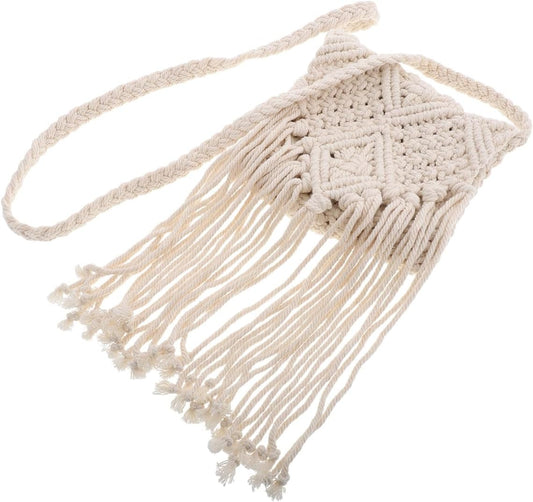 NUOBESTY Weiße Vintage Umhängetasche aus Baumwollfaden mit Fransen Geräumige Crossbody Tasche für Damen im Retro Boho Stil für Freizeit und Alltag