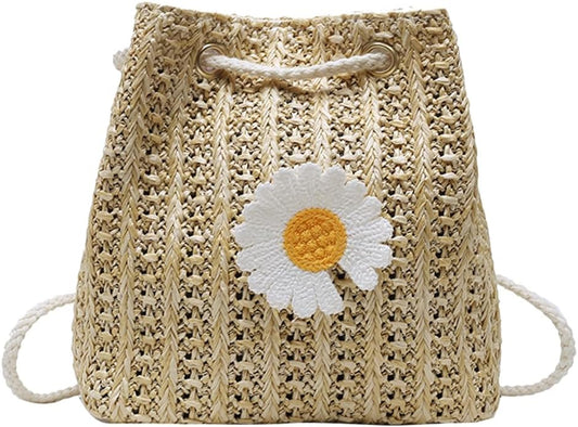 GALPADA Damen Crossbody Tasche mit Gänseblümchenmuster Strohgewebte Eimertasche aus Polyester Großer Kapazität Modisch und Praktisch für Täglichen Gebrauch