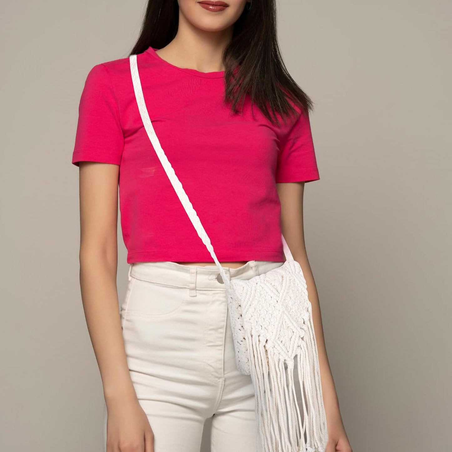 NUOBESTY Weiße Vintage Umhängetasche aus Baumwollfaden mit Fransen Geräumige Crossbody Tasche für Damen im Retro Boho Stil für Freizeit und Alltag