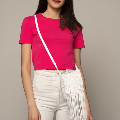 NUOBESTY Weiße Vintage Umhängetasche aus Baumwollfaden mit Fransen Geräumige Crossbody Tasche für Damen im Retro Boho Stil für Freizeit und Alltag