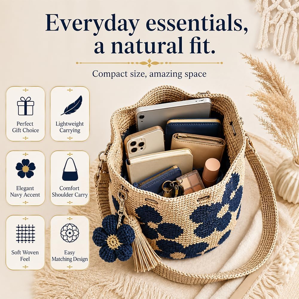 Gehäkelte Tasche, Handmade Häkeltasche für Damen, Boho Geflochtene Tasche mit Blumenmuster und Anhänger, Gehäkelte Handtasche für Einkaufen, Reisen, Alltag