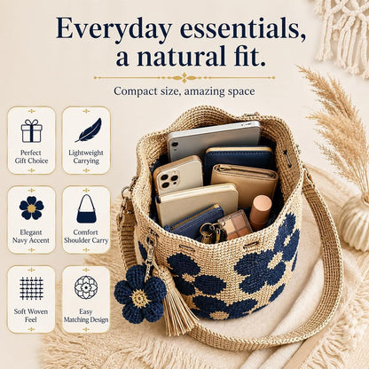 Gehäkelte Tasche, Handmade Häkeltasche für Damen, Boho Geflochtene Tasche mit Blumenmuster und Anhänger, Gehäkelte Handtasche für Einkaufen, Reisen, Alltag
