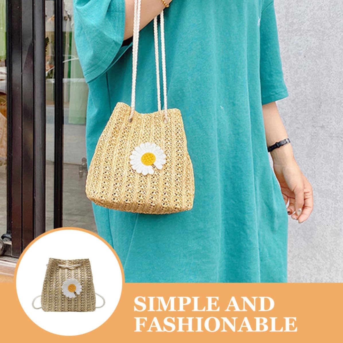 GALPADA Damen Crossbody Tasche mit Gänseblümchenmuster Strohgewebte Eimertasche aus Polyester Großer Kapazität Modisch und Praktisch für Täglichen Gebrauch