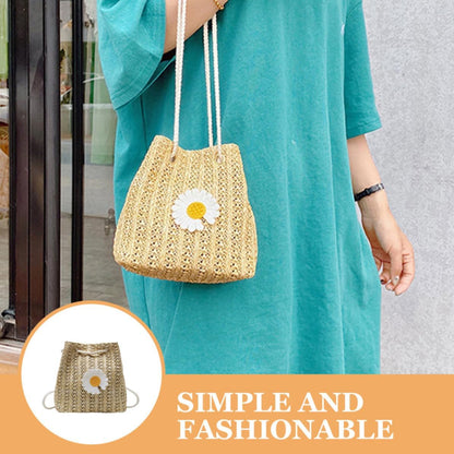 GALPADA Damen Crossbody Tasche mit Gänseblümchenmuster Strohgewebte Eimertasche aus Polyester Großer Kapazität Modisch und Praktisch für Täglichen Gebrauch