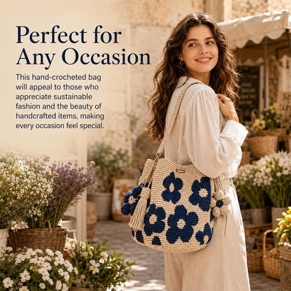 Gehäkelte Tasche, Handmade Häkeltasche für Damen, Boho Geflochtene Tasche mit Blumenmuster und Anhänger, Gehäkelte Handtasche für Einkaufen, Reisen, Alltag