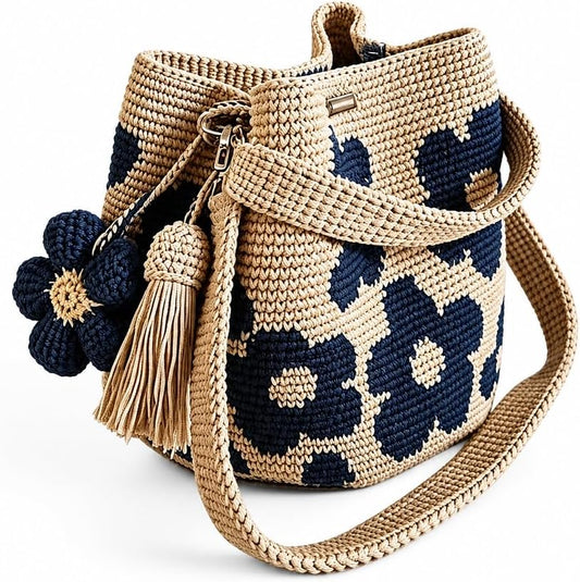 Gehäkelte Tasche, Handmade Häkeltasche für Damen, Boho Geflochtene Tasche mit Blumenmuster und Anhänger, Gehäkelte Handtasche für Einkaufen, Reisen, Alltag
