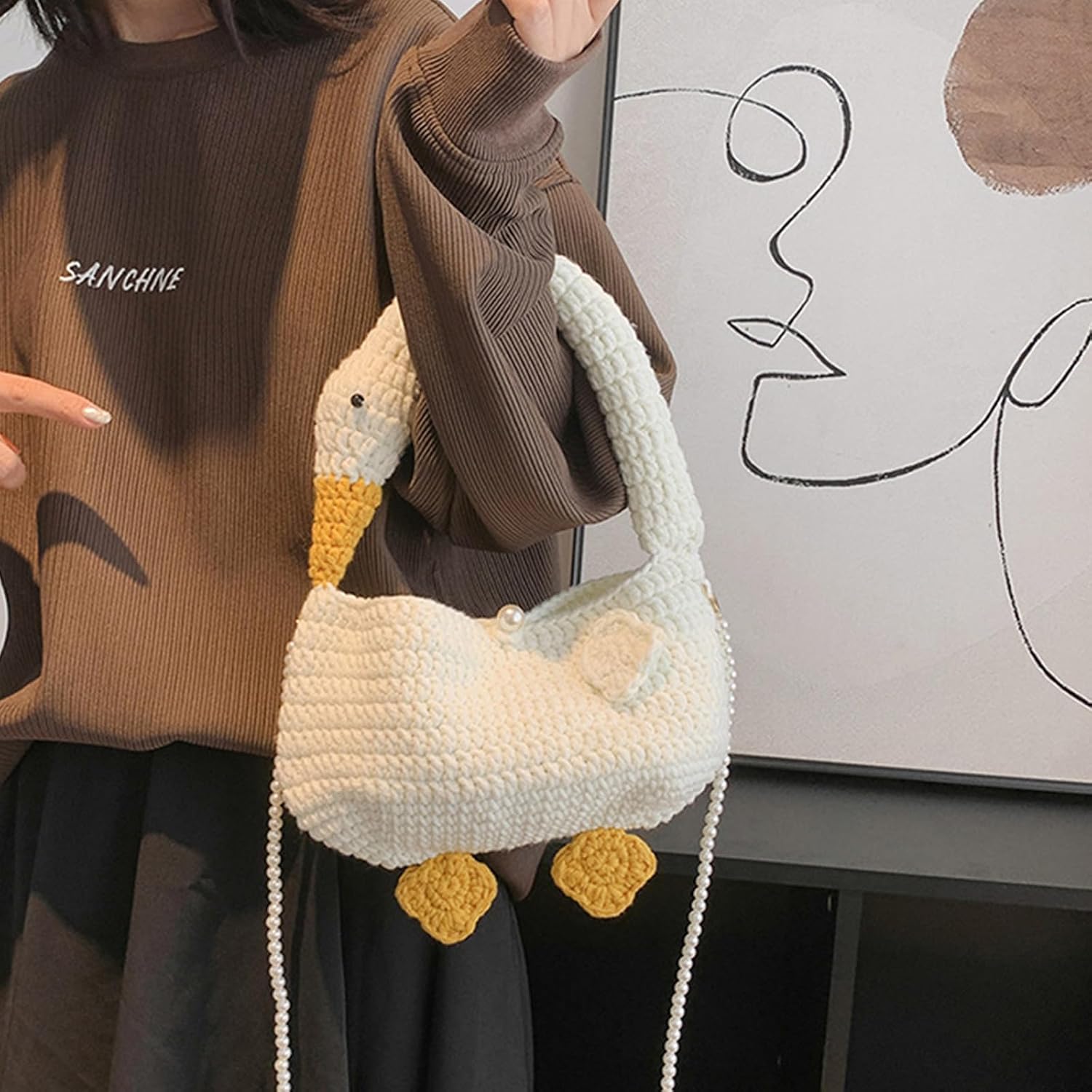 2023 Umhängetasche mit Perlenkette, Tragetasche für Damen und Mädchen, modisch, niedliche Gänse Design, gewebte Tasche, Handtasche, Umhängetasche, einzigartiges und niedliches Design
