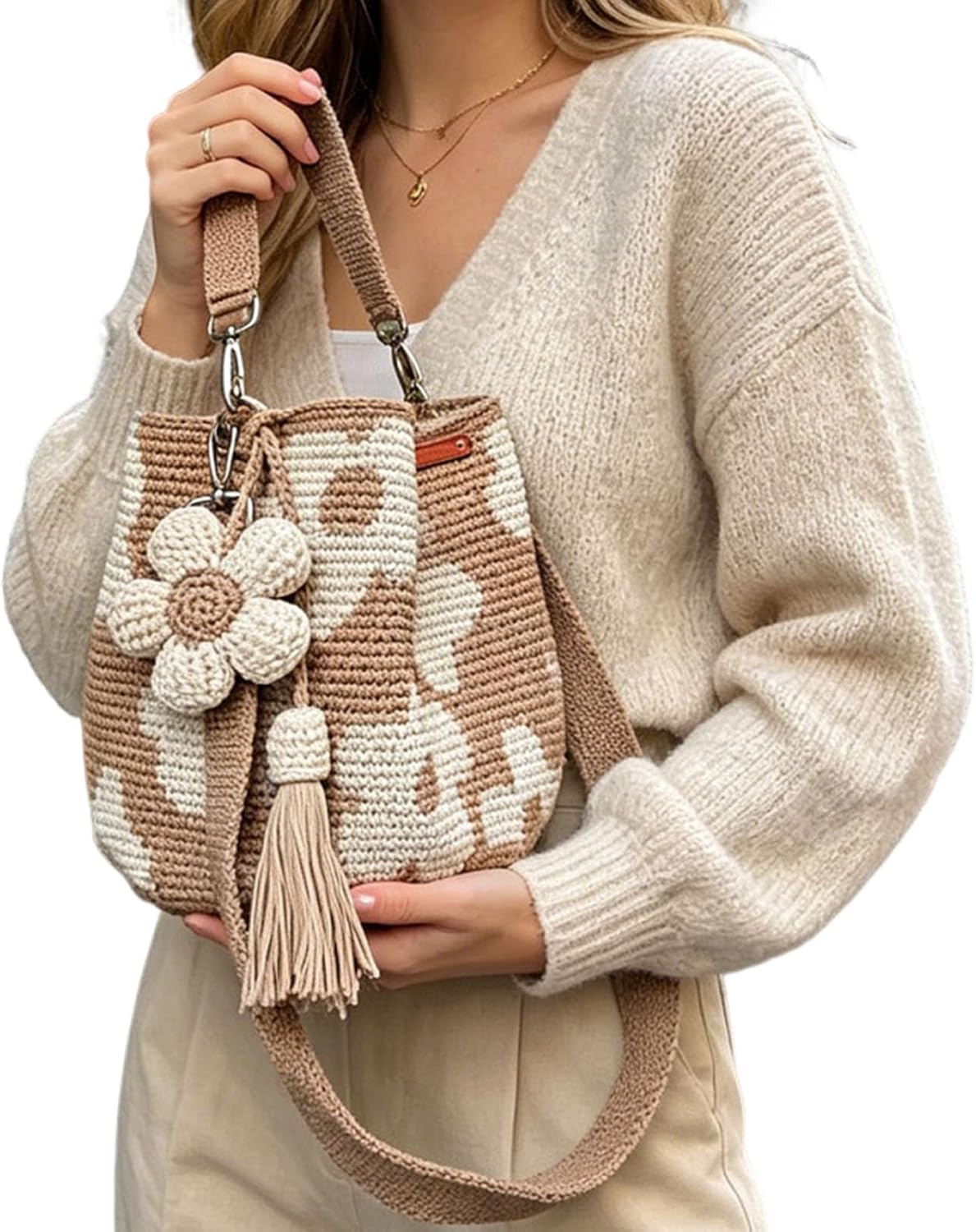 Handgefertigte Blumen-Geldbörse, Boho-Strandtasche mit Quasten, gestrickte Sommer-Tasche für Damen, Urlaub