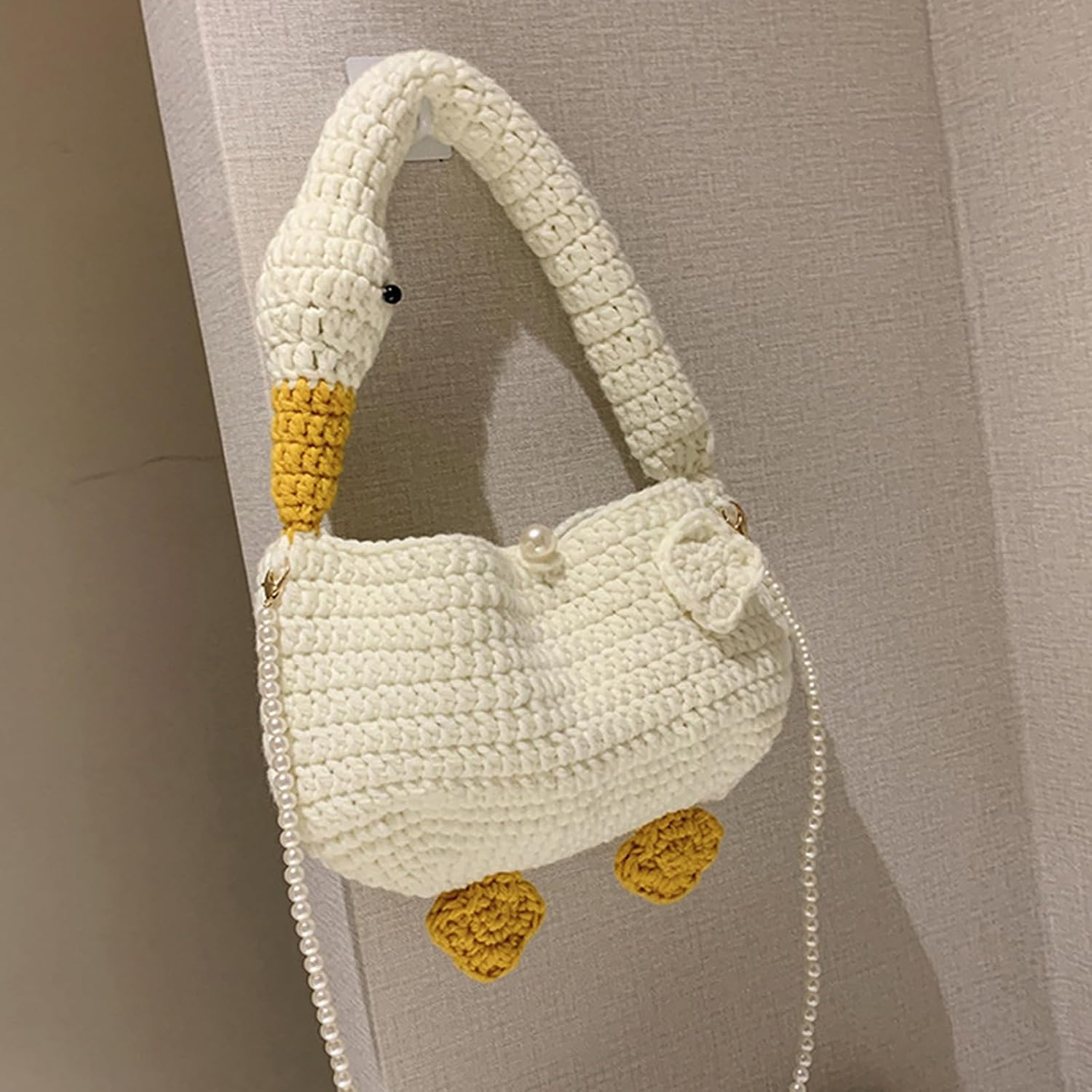 2023 Umhängetasche mit Perlenkette, Tragetasche für Damen und Mädchen, modisch, niedliche Gänse Design, gewebte Tasche, Handtasche, Umhängetasche, einzigartiges und niedliches Design