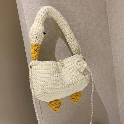 2023 Umhängetasche mit Perlenkette, Tragetasche für Damen und Mädchen, modisch, niedliche Gänse Design, gewebte Tasche, Handtasche, Umhängetasche, einzigartiges und niedliches Design