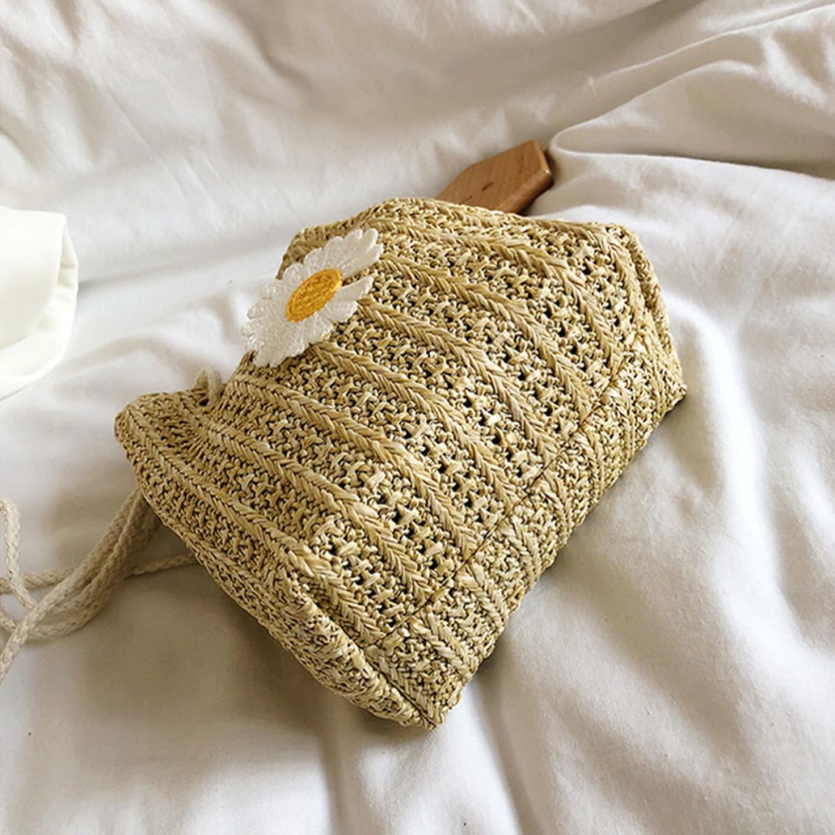 GALPADA Damen Crossbody Tasche mit Gänseblümchenmuster Strohgewebte Eimertasche aus Polyester Großer Kapazität Modisch und Praktisch für Täglichen Gebrauch