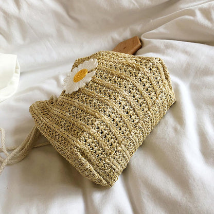 GALPADA Damen Crossbody Tasche mit Gänseblümchenmuster Strohgewebte Eimertasche aus Polyester Großer Kapazität Modisch und Praktisch für Täglichen Gebrauch