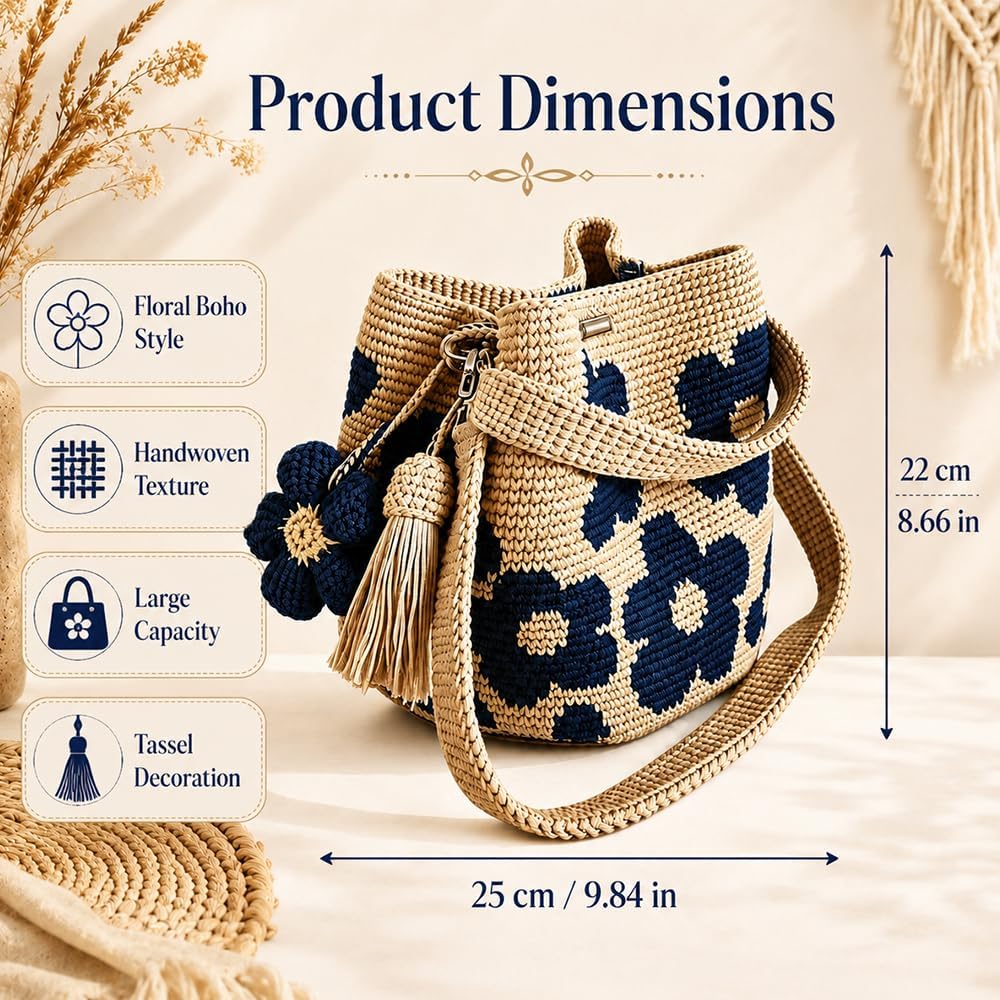Gehäkelte Tasche, Handmade Häkeltasche für Damen, Boho Geflochtene Tasche mit Blumenmuster und Anhänger, Gehäkelte Handtasche für Einkaufen, Reisen, Alltag