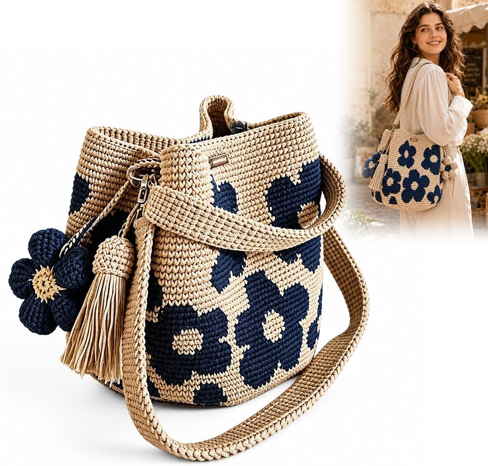 Gehäkelte Tasche, Handmade Häkeltasche für Damen, Boho Geflochtene Tasche mit Blumenmuster und Anhänger, Gehäkelte Handtasche für Einkaufen, Reisen, Alltag