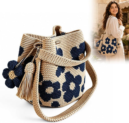 Gehäkelte Tasche, Handmade Häkeltasche für Damen, Boho Geflochtene Tasche mit Blumenmuster und Anhänger, Gehäkelte Handtasche für Einkaufen, Reisen, Alltag