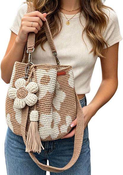 Handgefertigte Blumen-Geldbörse, Boho-Strandtasche mit Quasten, gestrickte Sommer-Tasche für Damen, Urlaub