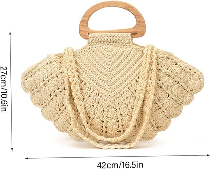 Handgefertigte gehäkelte Muschel-Geldbörse für Frauen, doppeltes Tragedesign mit Holzgriff, geräumige Strandtasche, gehäkelte Geldbörsen, Sommer-Boho-Tasche