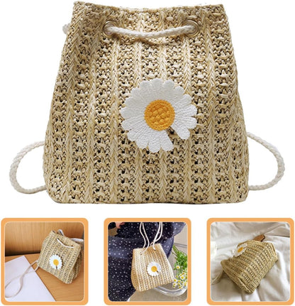 GALPADA Damen Crossbody Tasche mit Gänseblümchenmuster Strohgewebte Eimertasche aus Polyester Großer Kapazität Modisch und Praktisch für Täglichen Gebrauch