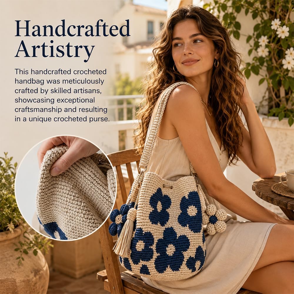 Gehäkelte Tasche, Handmade Häkeltasche für Damen, Boho Geflochtene Tasche mit Blumenmuster und Anhänger, Gehäkelte Handtasche für Einkaufen, Reisen, Alltag