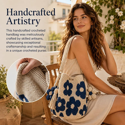 Gehäkelte Tasche, Handmade Häkeltasche für Damen, Boho Geflochtene Tasche mit Blumenmuster und Anhänger, Gehäkelte Handtasche für Einkaufen, Reisen, Alltag