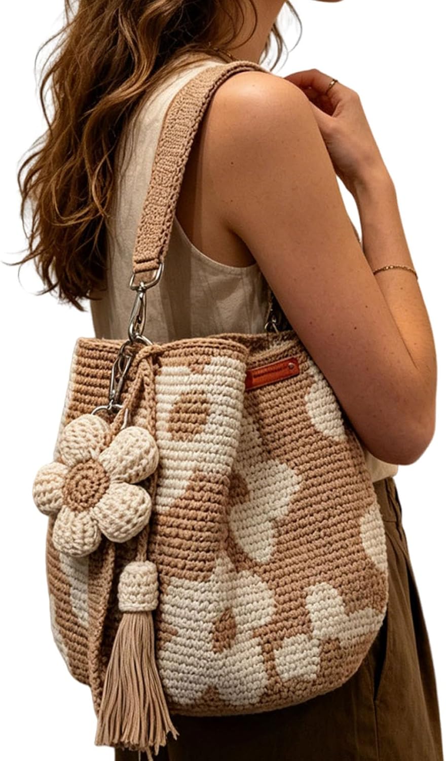 Handgefertigte Blumen-Geldbörse, Boho-Strandtasche mit Quasten, gestrickte Sommer-Tasche für Damen, Urlaub