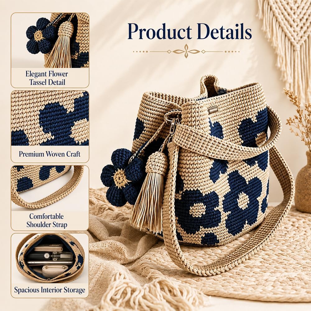 Gehäkelte Tasche, Handmade Häkeltasche für Damen, Boho Geflochtene Tasche mit Blumenmuster und Anhänger, Gehäkelte Handtasche für Einkaufen, Reisen, Alltag