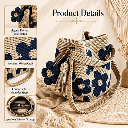 Gehäkelte Tasche, Handmade Häkeltasche für Damen, Boho Geflochtene Tasche mit Blumenmuster und Anhänger, Gehäkelte Handtasche für Einkaufen, Reisen, Alltag