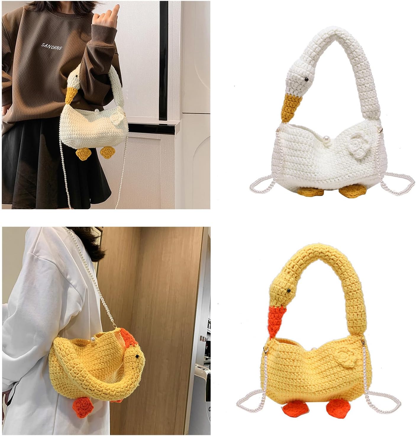 2023 Umhängetasche mit Perlenkette, Tragetasche für Damen und Mädchen, modisch, niedliche Gänse Design, gewebte Tasche, Handtasche, Umhängetasche, einzigartiges und niedliches Design