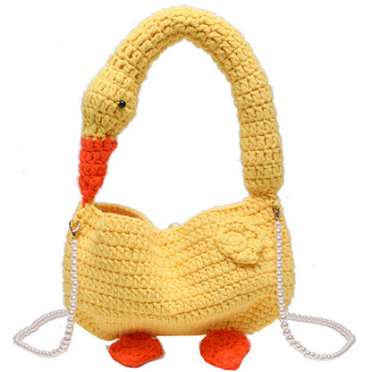 2023 Umhängetasche mit Perlenkette, Tragetasche für Damen und Mädchen, modisch, niedliche Gänse Design, gewebte Tasche, Handtasche, Umhängetasche, einzigartiges und niedliches Design
