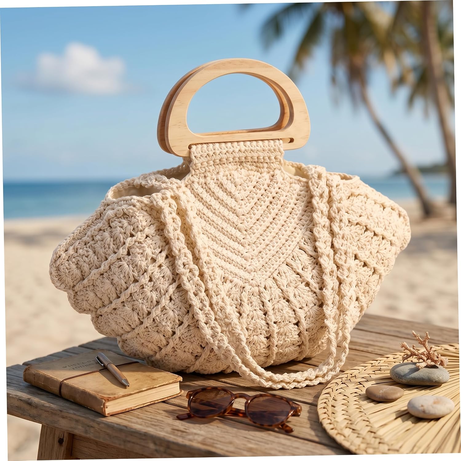 Handgefertigte gehäkelte Muschel-Geldbörse für Frauen, doppeltes Tragedesign mit Holzgriff, geräumige Strandtasche, gehäkelte Geldbörsen, Sommer-Boho-Tasche