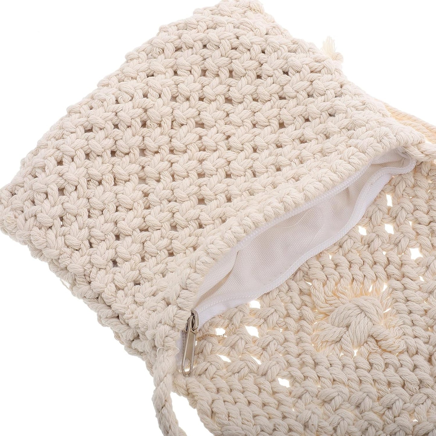 NUOBESTY Weiße Vintage Umhängetasche aus Baumwollfaden mit Fransen Geräumige Crossbody Tasche für Damen im Retro Boho Stil für Freizeit und Alltag