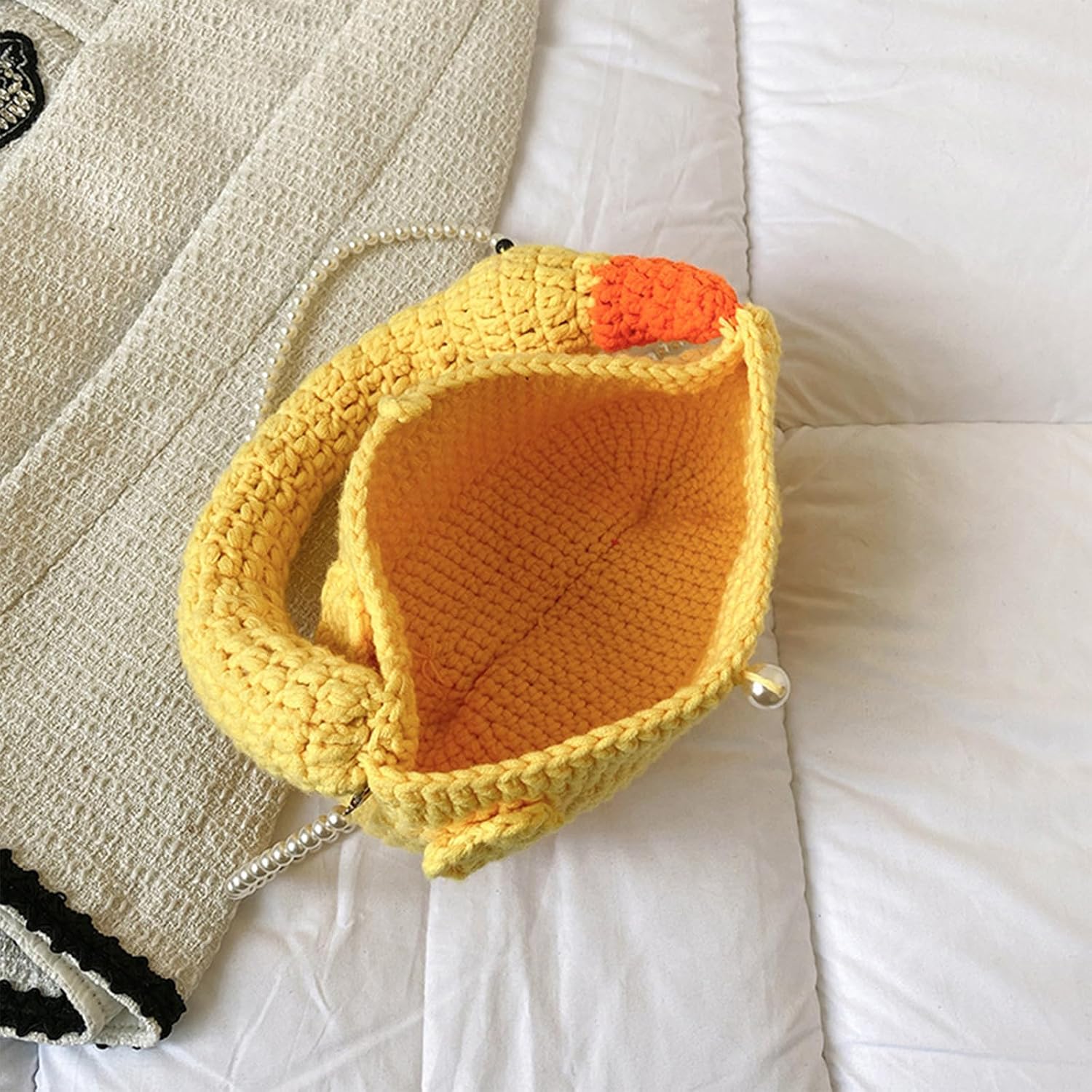 2023 Umhängetasche mit Perlenkette, Tragetasche für Damen und Mädchen, modisch, niedliche Gänse Design, gewebte Tasche, Handtasche, Umhängetasche, einzigartiges und niedliches Design