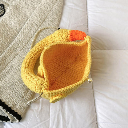2023 Umhängetasche mit Perlenkette, Tragetasche für Damen und Mädchen, modisch, niedliche Gänse Design, gewebte Tasche, Handtasche, Umhängetasche, einzigartiges und niedliches Design