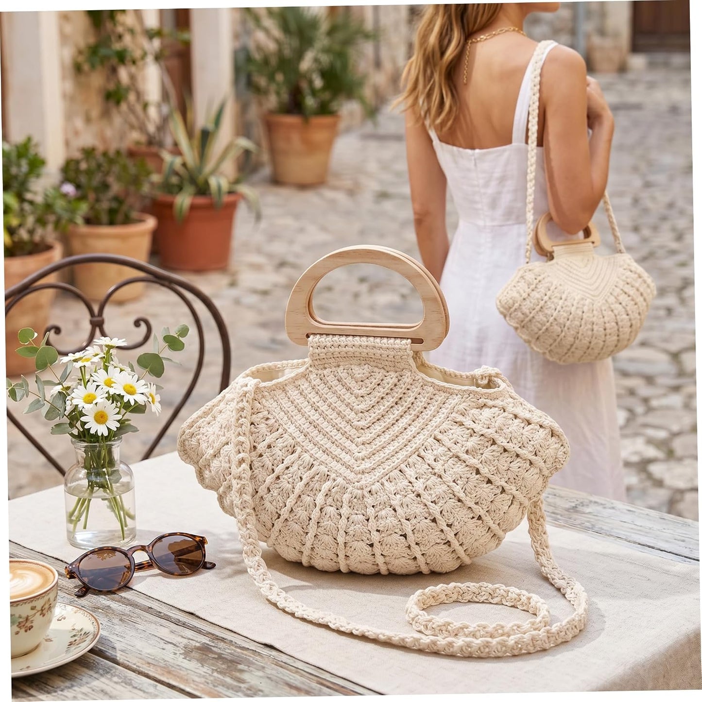 Handgefertigte gehäkelte Muschel-Geldbörse für Frauen, doppeltes Tragedesign mit Holzgriff, geräumige Strandtasche, gehäkelte Geldbörsen, Sommer-Boho-Tasche