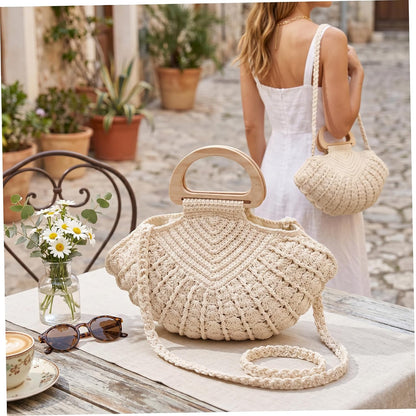 Handgefertigte gehäkelte Muschel-Geldbörse für Frauen, doppeltes Tragedesign mit Holzgriff, geräumige Strandtasche, gehäkelte Geldbörsen, Sommer-Boho-Tasche
