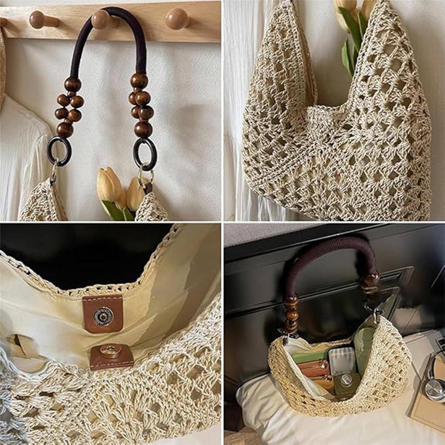 Stroh Tasche Für Es | Stilvolle Tasche | Handgewebt Casual | Für Frauen Damen Mädchen Ehefrauen Mütter Reisende Schwimmbad Picknicks Konzert Sommerferien Sommer Urlaub Sonne