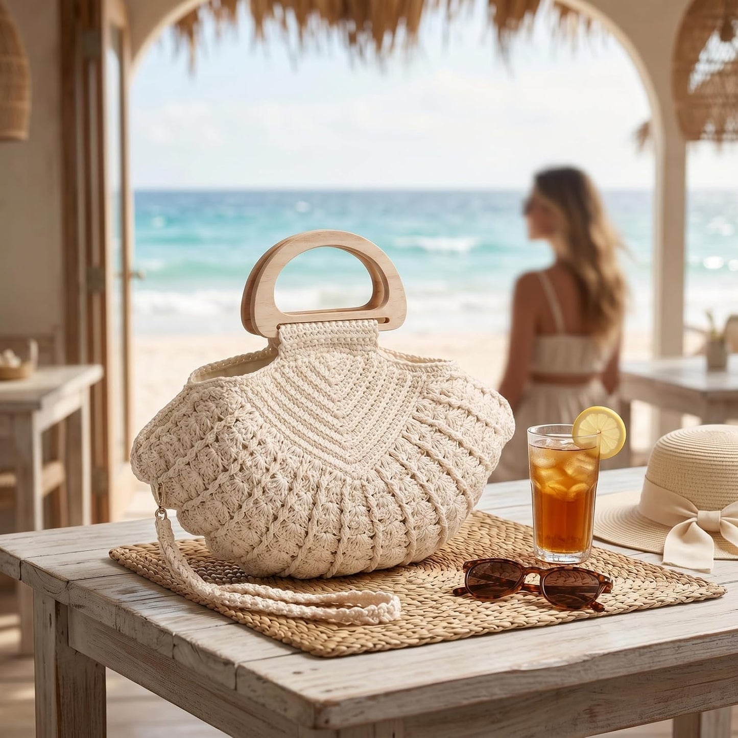 Handgefertigte gehäkelte Muschel-Geldbörse für Frauen, doppeltes Tragedesign mit Holzgriff, geräumige Strandtasche, gehäkelte Geldbörsen, Sommer-Boho-Tasche