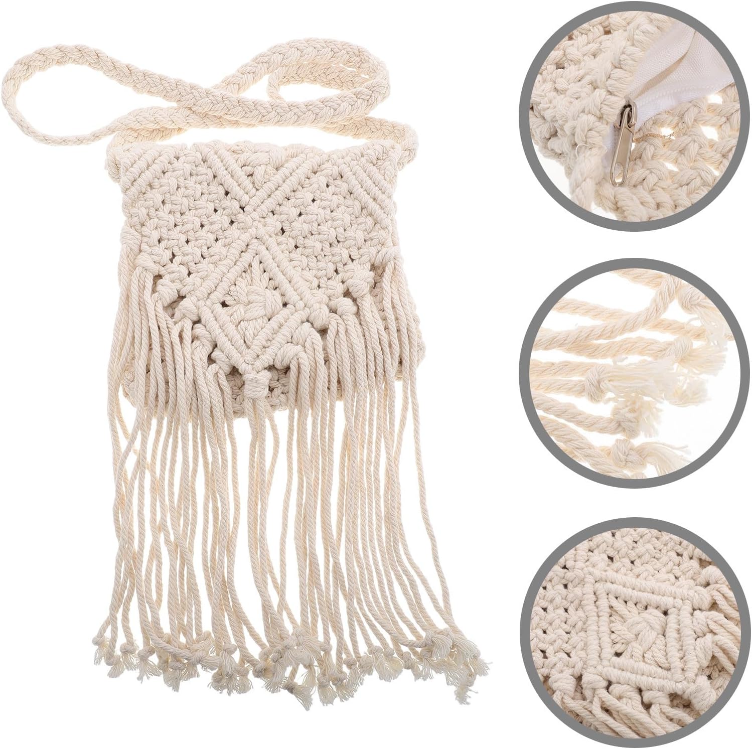 NUOBESTY Weiße Vintage Umhängetasche aus Baumwollfaden mit Fransen Geräumige Crossbody Tasche für Damen im Retro Boho Stil für Freizeit und Alltag