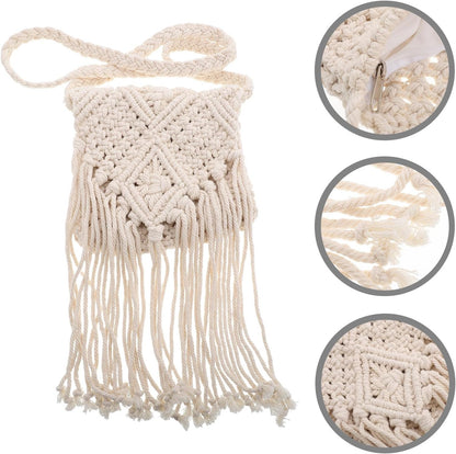 NUOBESTY Weiße Vintage Umhängetasche aus Baumwollfaden mit Fransen Geräumige Crossbody Tasche für Damen im Retro Boho Stil für Freizeit und Alltag