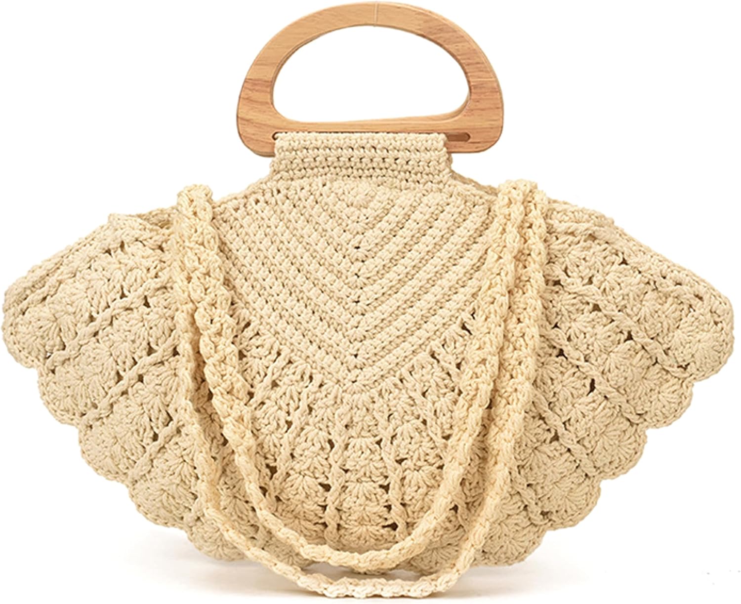 Handgefertigte gehäkelte Muschel-Geldbörse für Frauen, doppeltes Tragedesign mit Holzgriff, geräumige Strandtasche, gehäkelte Geldbörsen, Sommer-Boho-Tasche