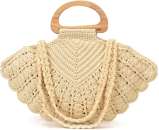 Handgefertigte gehäkelte Muschel-Geldbörse für Frauen, doppeltes Tragedesign mit Holzgriff, geräumige Strandtasche, gehäkelte Geldbörsen, Sommer-Boho-Tasche