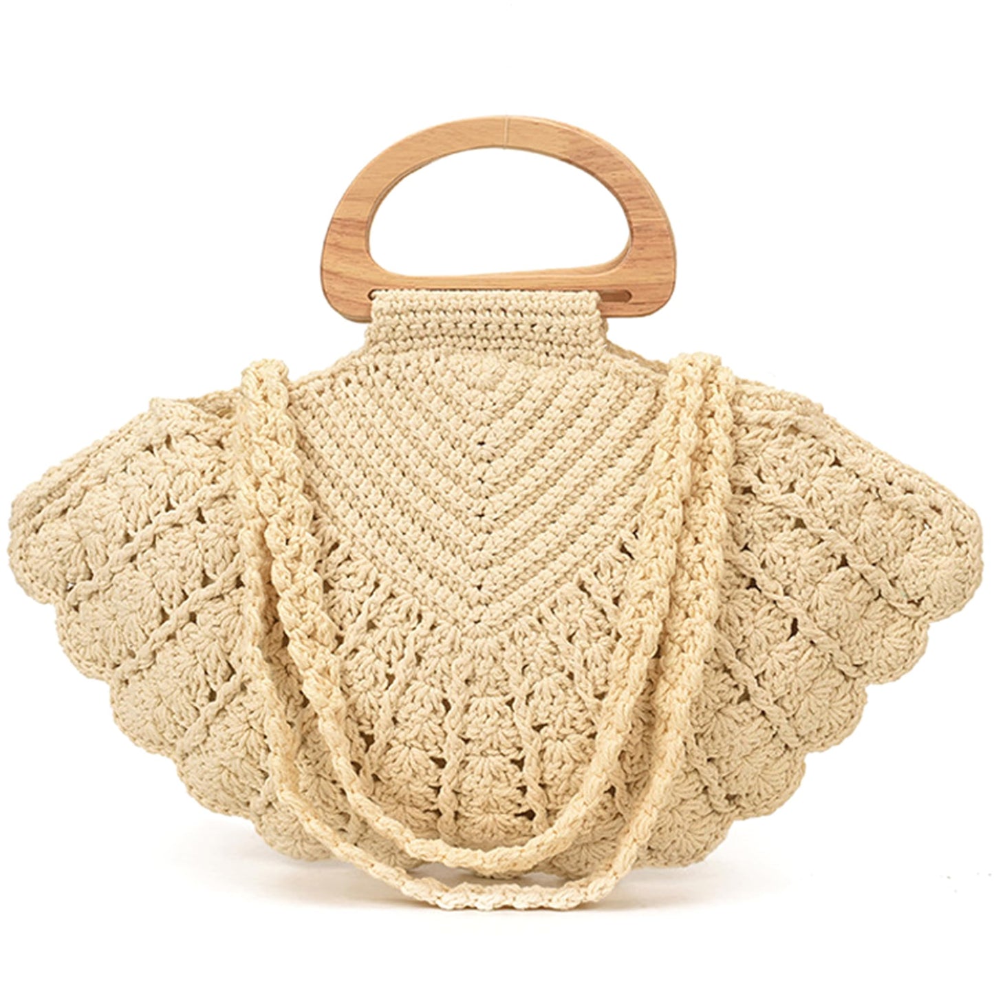 Handgefertigte gehäkelte Muschel-Geldbörse für Frauen, doppeltes Tragedesign mit Holzgriff, geräumige Strandtasche, gehäkelte Geldbörsen, Sommer-Boho-Tasche