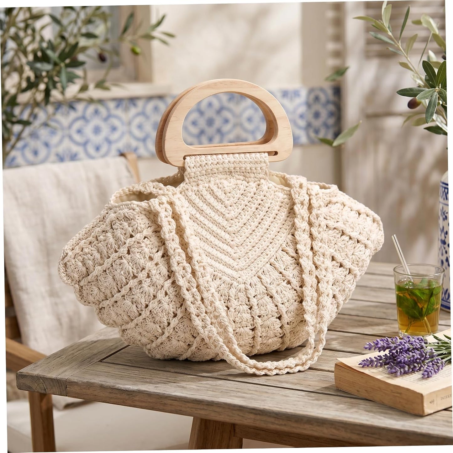 Handgefertigte gehäkelte Muschel-Geldbörse für Frauen, doppeltes Tragedesign mit Holzgriff, geräumige Strandtasche, gehäkelte Geldbörsen, Sommer-Boho-Tasche