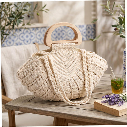 Handgefertigte gehäkelte Muschel-Geldbörse für Frauen, doppeltes Tragedesign mit Holzgriff, geräumige Strandtasche, gehäkelte Geldbörsen, Sommer-Boho-Tasche